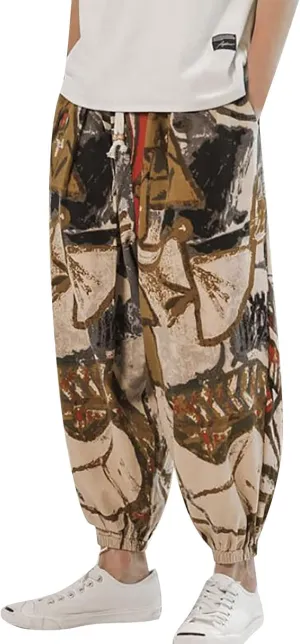 Mens Hippie Tapered Harem Pants Baggy Linen Boho Yoga Casual Drop Crotch Trousers Elastic Waist Aladdin Thai Pants