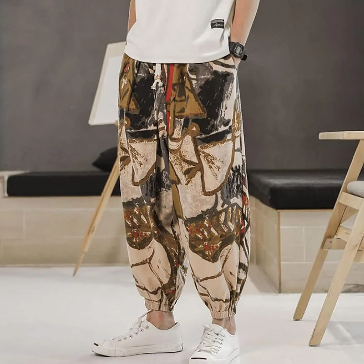 Mens Hippie Tapered Harem Pants Baggy Linen Boho Yoga Casual Drop Crotch Trousers Elastic Waist Aladdin Thai Pants