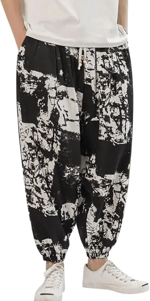 Mens Hippie Tapered Harem Pants Baggy Linen Boho Yoga Casual Drop Crotch Trousers Elastic Waist Aladdin Thai Pants
