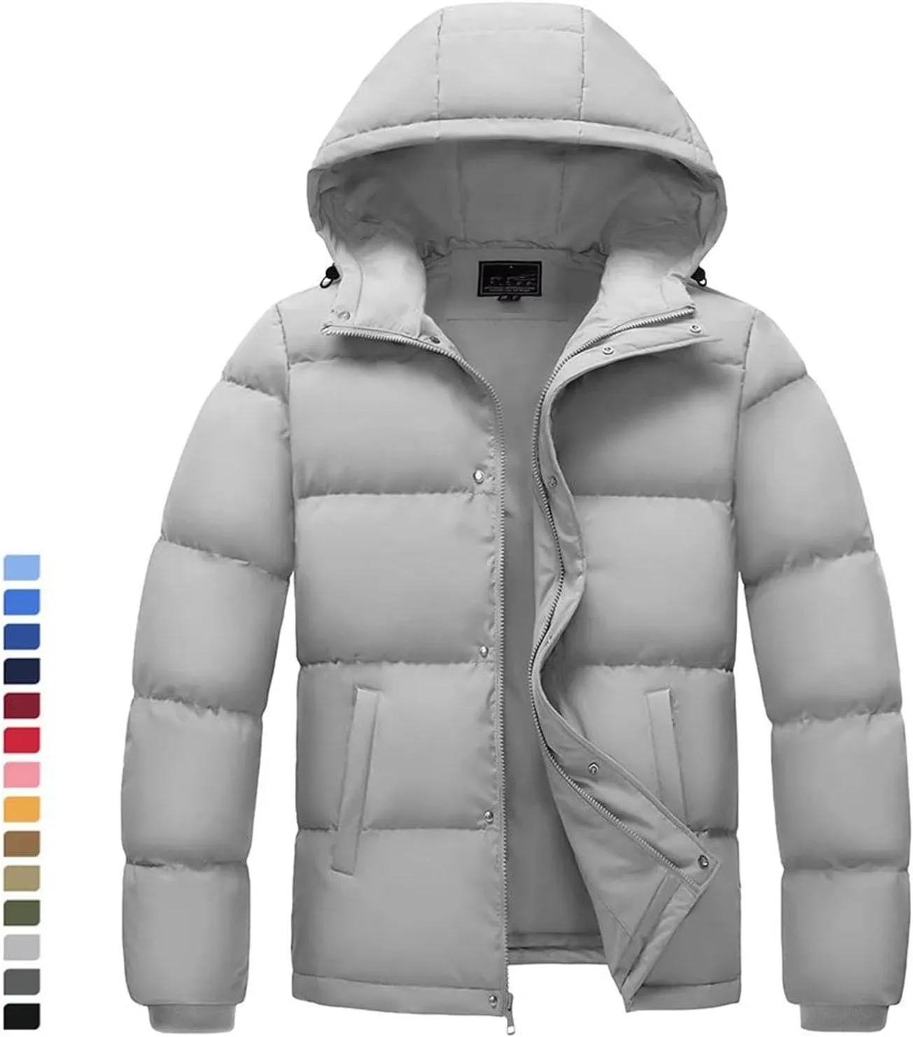 Mens Hooded Solid Color Zipper Cotton-Padded Lightweight Warm Quilted Parka Coat