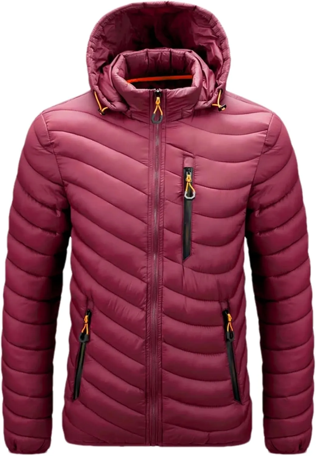 Men's Hooded Stand Collar Zipper Cotton-Padded Thickened Warm Casual Multi Pocket Parka Coat
