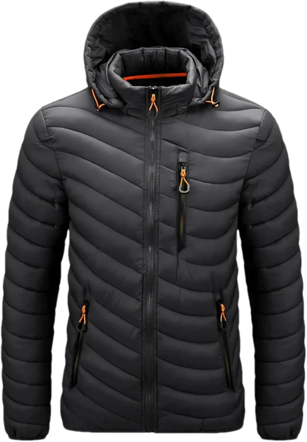 Men's Hooded Stand Collar Zipper Cotton-Padded Thickened Warm Casual Multi Pocket Parka Coat