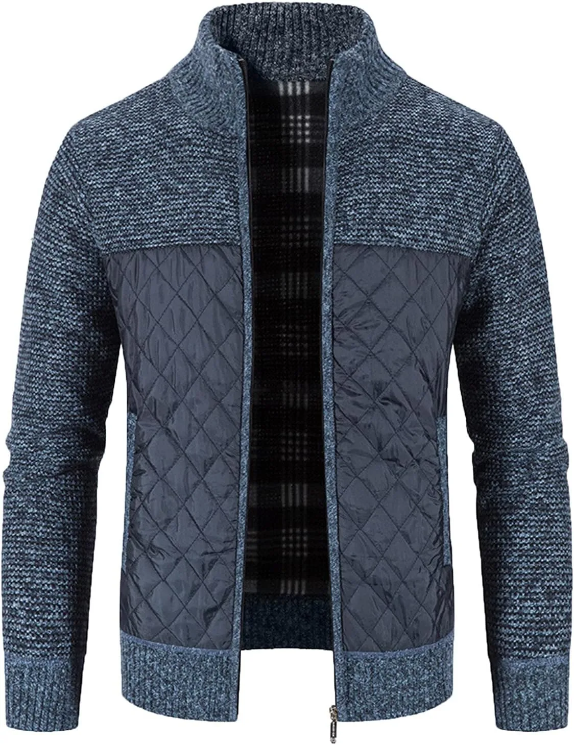 Men's Knitted Cardigan Sweater Coat Full Zip Up Stand Collar Slim Fit Cotton-Padded Jackets Warm Casual Winter Coats