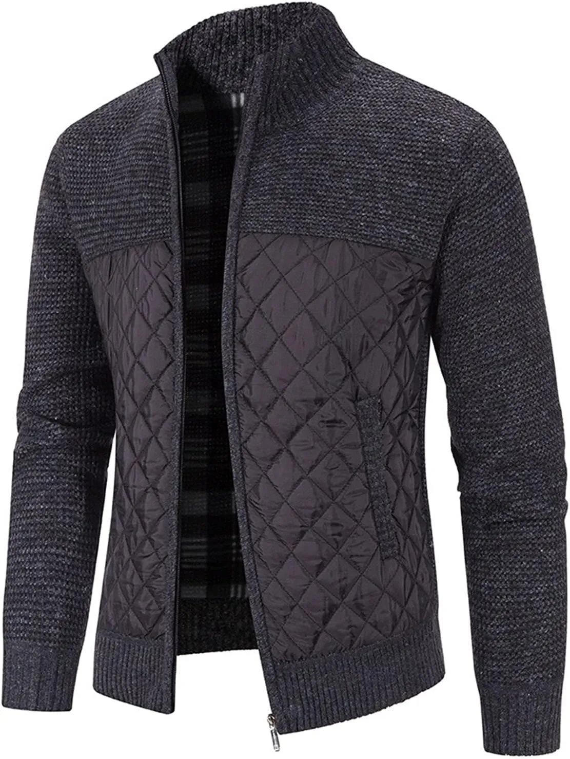 Men's Knitted Cardigan Sweater Coat Full Zip Up Stand Collar Slim Fit Cotton-Padded Jackets Warm Casual Winter Coats