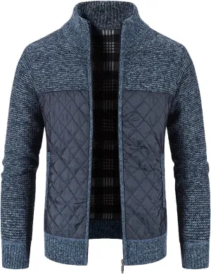 Men's Knitted Cardigan Sweater Coat Full Zip Up Stand Collar Slim Fit Cotton-Padded Jackets Warm Casual Winter Coats