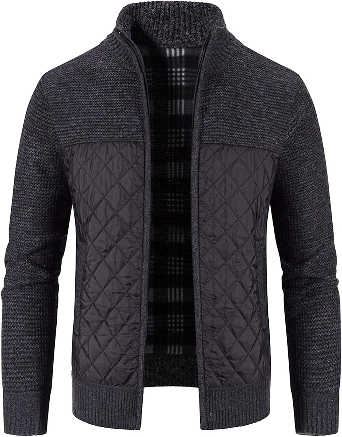 Men's Knitted Cardigan Sweater Coat Full Zip Up Stand Collar Slim Fit Cotton-Padded Jackets Warm Casual Winter Coats