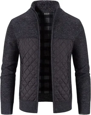 Men's Knitted Cardigan Sweater Coat Full Zip Up Stand Collar Slim Fit Cotton-Padded Jackets Warm Casual Winter Coats