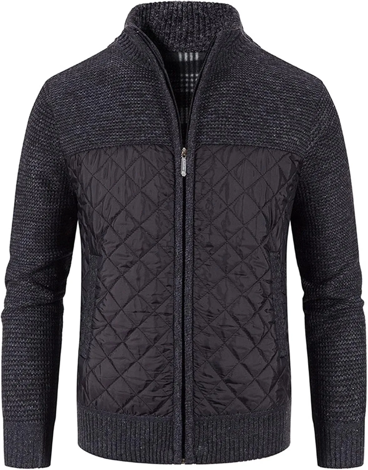 Men's Knitted Cardigan Sweater Coat Full Zip Up Stand Collar Slim Fit Cotton-Padded Jackets Warm Casual Winter Coats