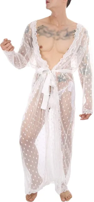 Mens Lace Sheer Night-Robe Lingerie Short Sleeve Cardigan Bathrobe Nightgown Sissy Nightwear with T-Back Belt