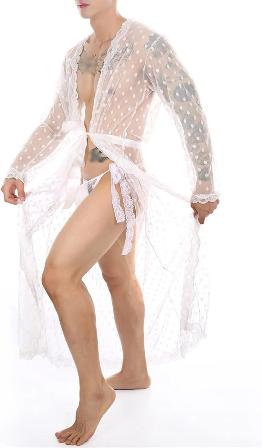 Mens Lace Sheer Night-Robe Lingerie Short Sleeve Cardigan Bathrobe Nightgown Sissy Nightwear with T-Back Belt