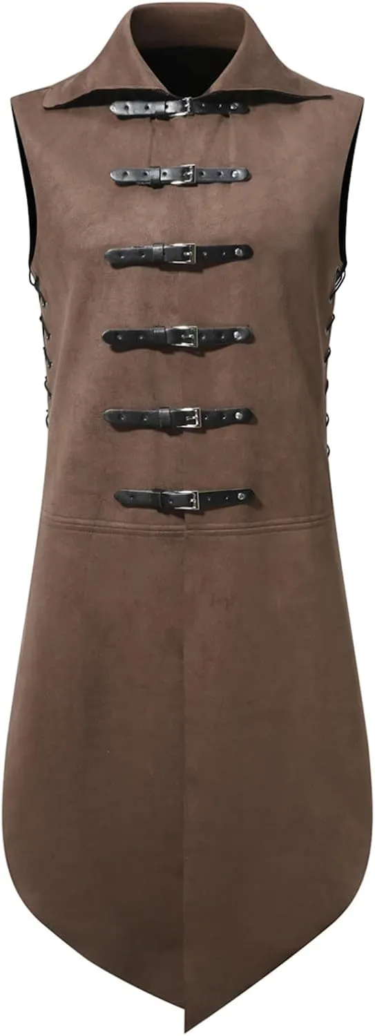 Mens Lapel Leather Buckle Top Medieval Costume Renaissance Waistcoat Gothic Retro Jackets Halloween Vintage Outerwear