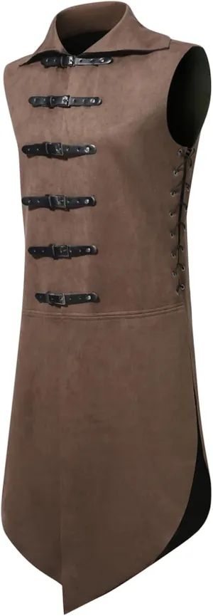 Mens Lapel Leather Buckle Top Medieval Costume Renaissance Waistcoat Gothic Retro Jackets Halloween Vintage Outerwear