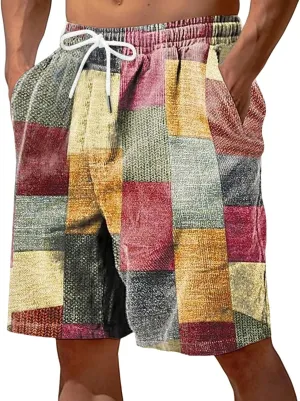 Mens Linen Cotton Gingham Shorts Lightweight Summer Plaid Beach Wear Big and Tall Casual Workout Board shorts