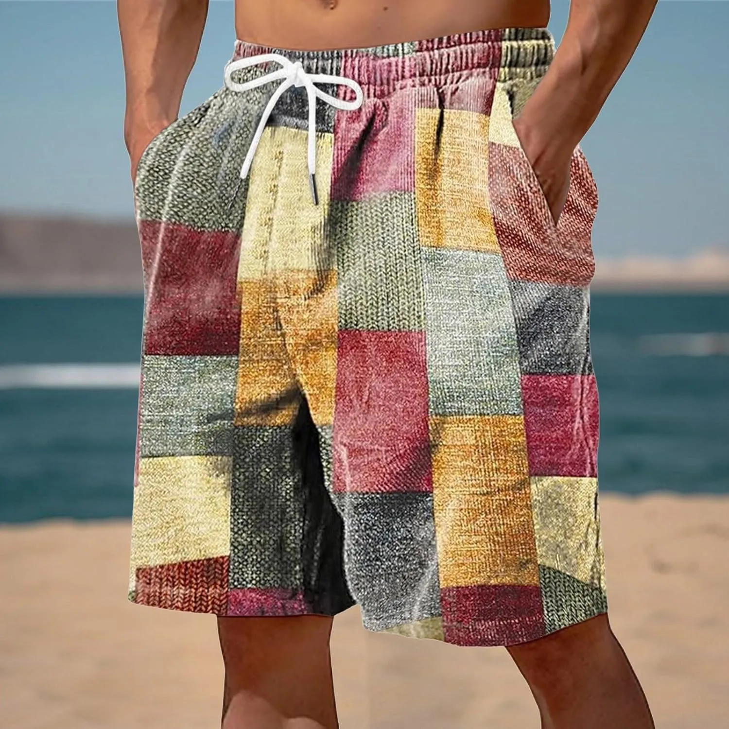 Mens Linen Cotton Gingham Shorts Lightweight Summer Plaid Beach Wear Big and Tall Casual Workout Board shorts