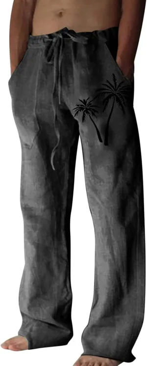Men's Linen Cotton Pants Loose Fit Coconut Tree Printed Drawstring Casual Lightweight Elastic Waist Beach Pants