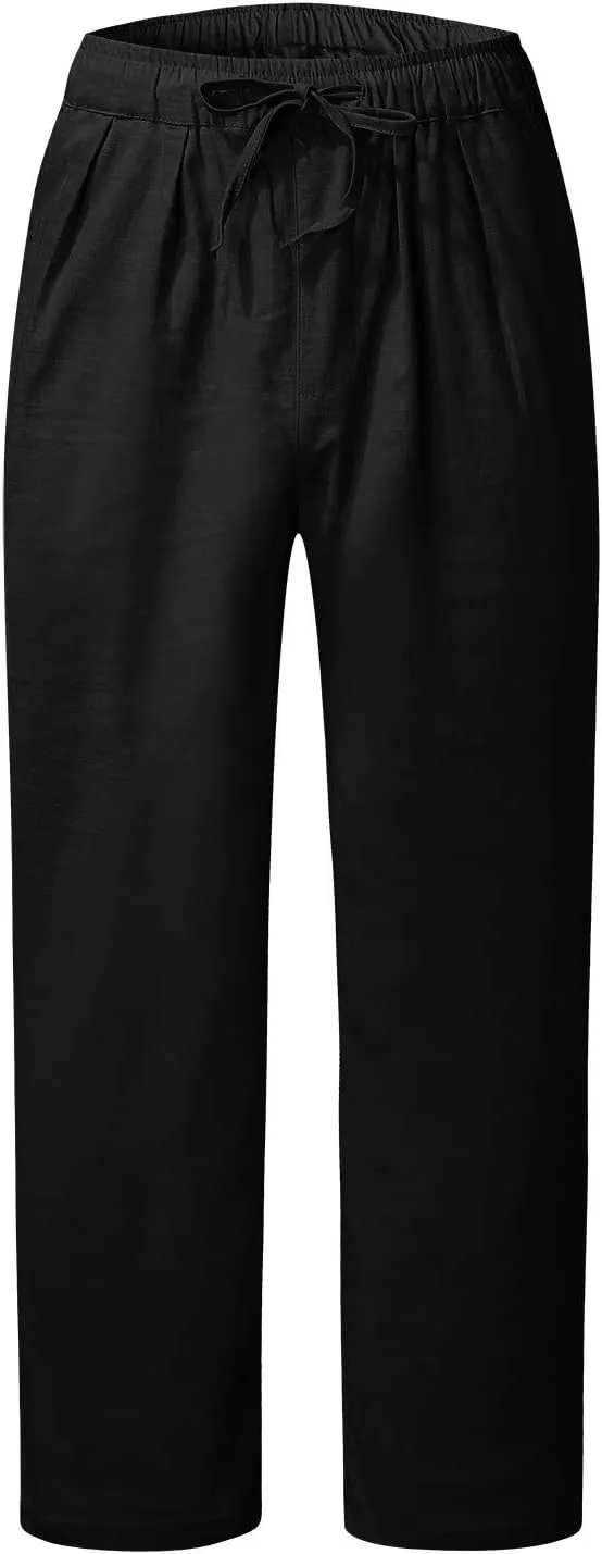 Mens Linen Drawstring Pants Elastic Waist Lightweight Pant Summer Beach Yoga Casual Loose Fit Drawstring Trouser