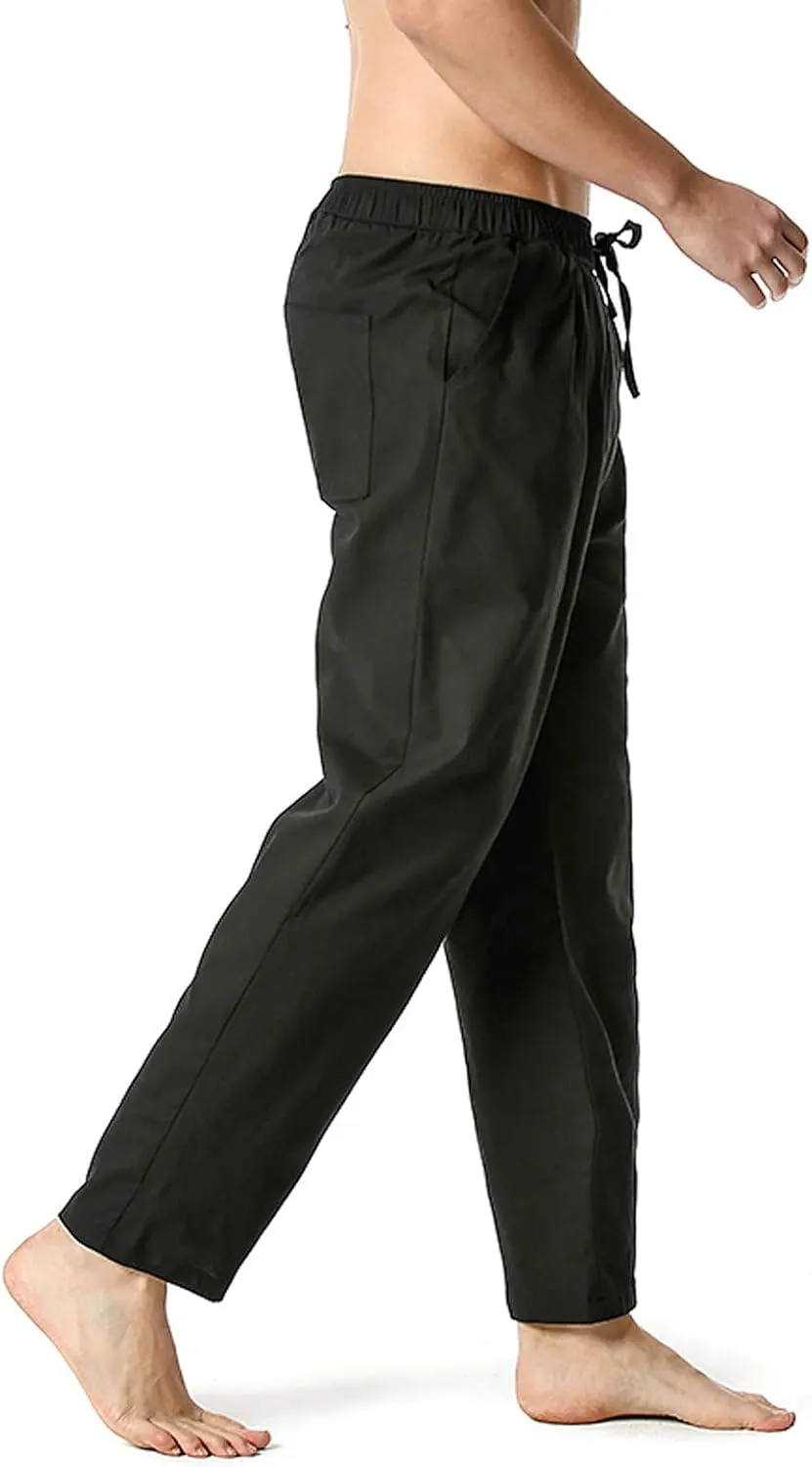 Mens Linen Drawstring Pants Elastic Waist Lightweight Pant Summer Beach Yoga Casual Loose Fit Drawstring Trouser