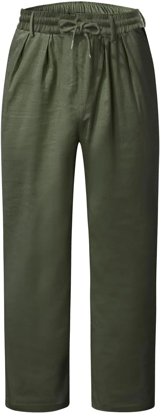 Mens Linen Drawstring Pants Elastic Waist Lightweight Pant Summer Beach Yoga Casual Loose Fit Drawstring Trouser
