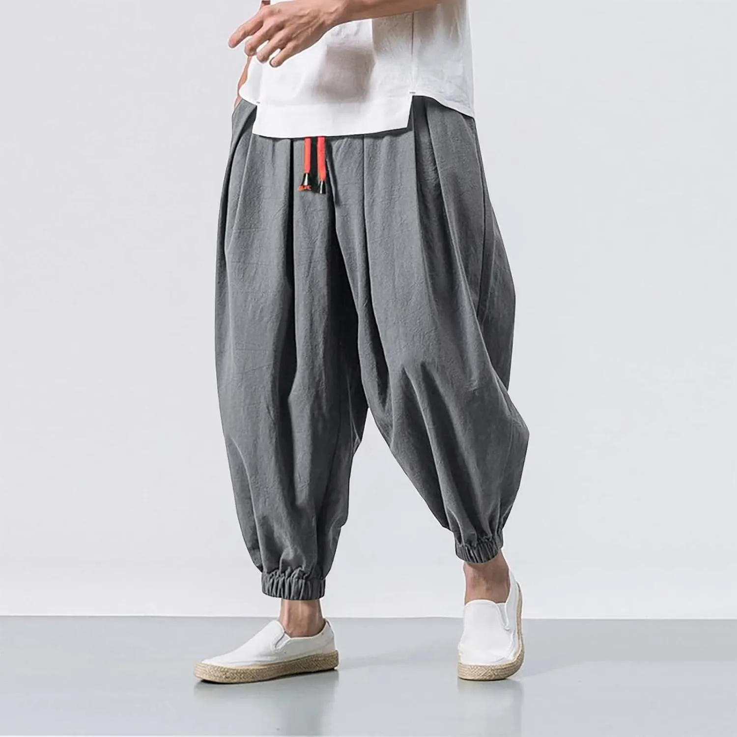 Mens Linen Hippie Hip Hop Harem Pants Loose Fit Beach Yoga Drop Crotch Trousers Elastic Waist Baggy Taiji Quinn Pants