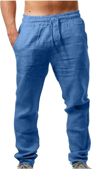 Men's Linen Pants Casual Drawstring Tapered Pants Elastic Waist Slim Fit Lounge Pants Lightweight Summer Trousers