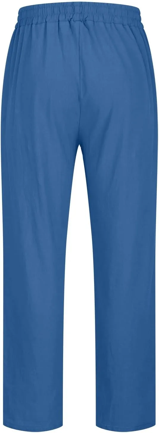 Men's Linen Pants Casual Drawstring Tapered Pants Elastic Waist Slim Fit Lounge Pants Lightweight Summer Trousers