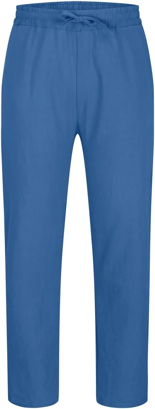 Men's Linen Pants Casual Drawstring Tapered Pants Elastic Waist Slim Fit Lounge Pants Lightweight Summer Trousers
