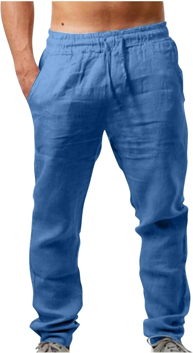 Men's Linen Pants Casual Drawstring Tapered Pants Elastic Waist Slim Fit Lounge Pants Lightweight Summer Trousers