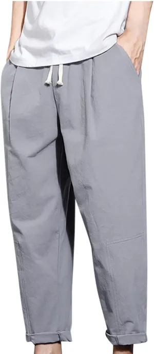 Mens Linen Pants Casual Loose Fit Cropped-Pant Drawstring Basic Comfy Trousers Fashion Lightweight Lounge Outfit 2025
