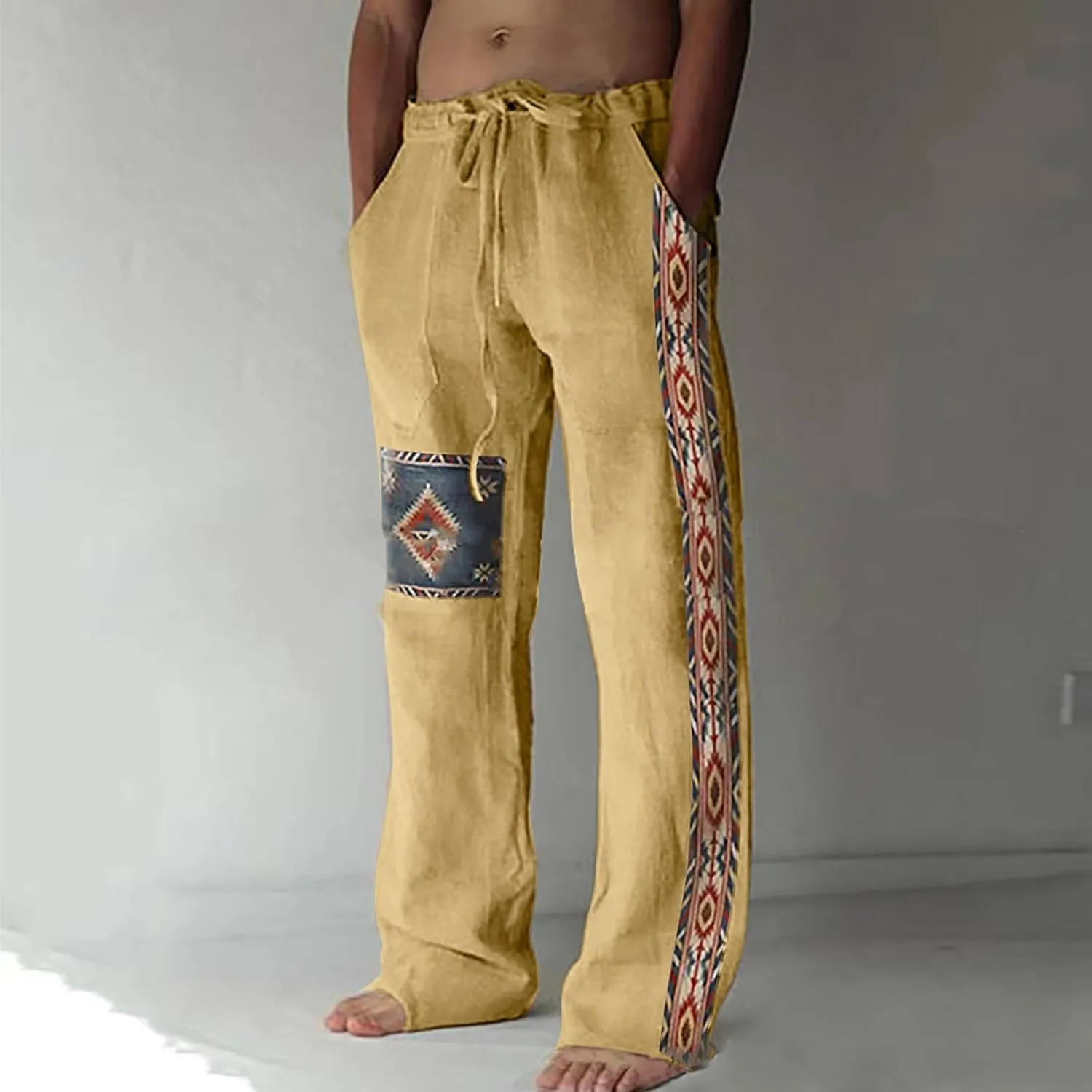 Mens Linen Pants for Man Thin Flare Wide Leg Tie Knot Plain Long Bootcut Leg Summer Fall 2025 Fashion