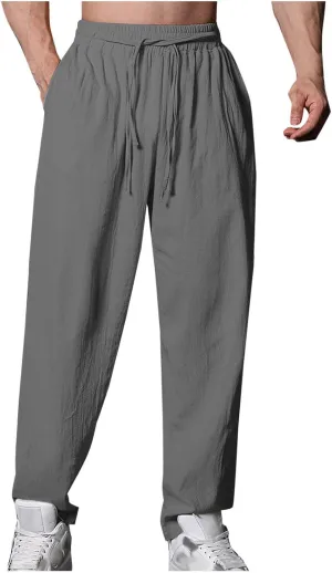 Mens Linen Pants Wide Legs Elastic Drawstring Basic Lounge Trousers Casual Fashion Lightweight Summer Workout Clothes