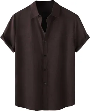 Mens Linen Shirts Button Down Short Sleeve Blouses V Neck Collared Button-up Tops Lightweight Summer Beach Shirt