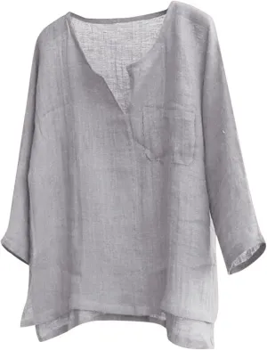 Men's Linen Shirts Long Sleeve Pocket Roll Up Collar Quick-Dry Loose Fit Solid Classic Cool Stylish Lightweight Shirt