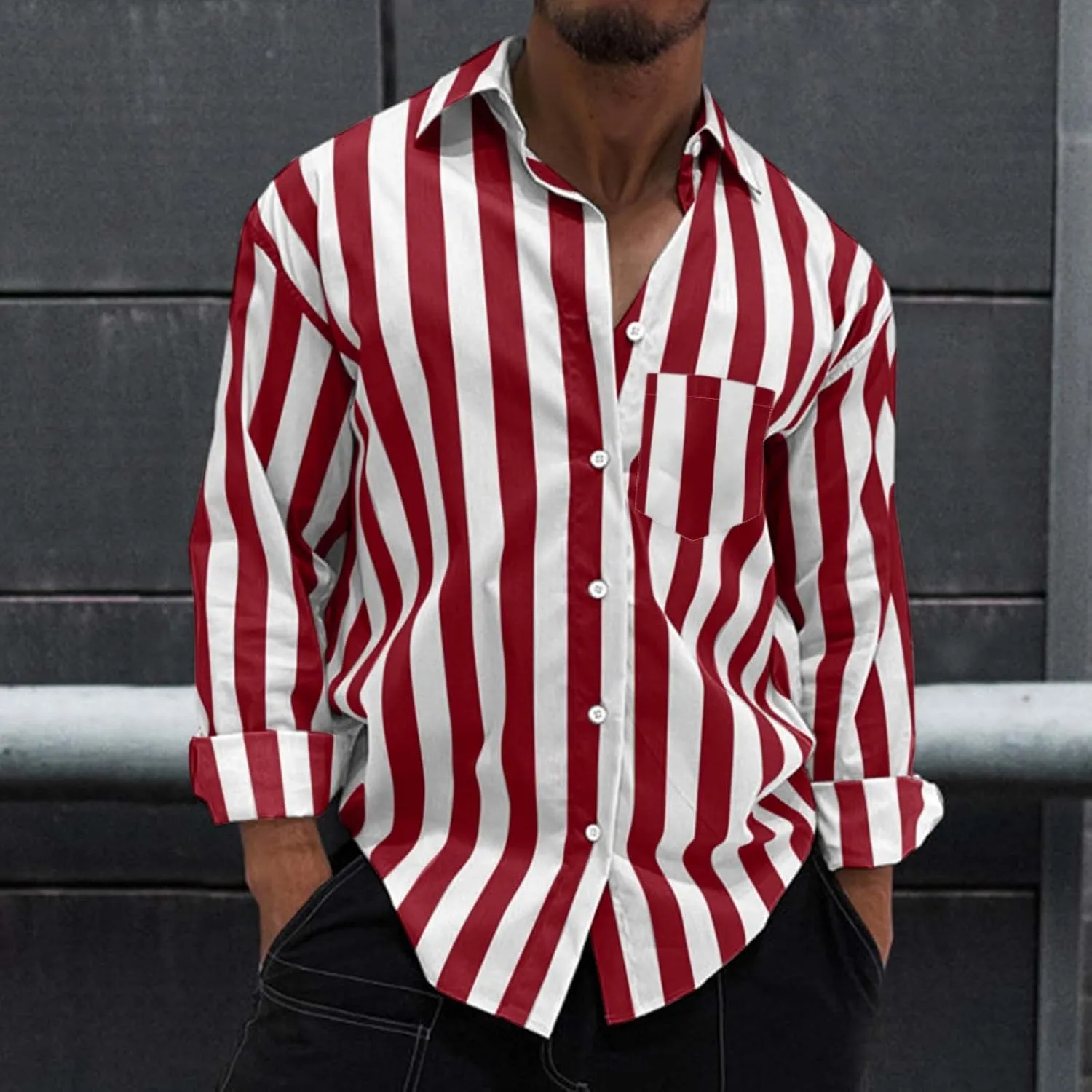 Men's Long Sleeve Shirts Stripe Button Down Pocket Lapel Quick-Dry Loose Fit Casual Classic Cool Stylish Lightweight Shirt