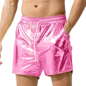 Men's Metallic Sparkly Beach Shorts Elastic Waist Shiny Drawstring Board Shorts Baggy Lightweight Comfy Swim Trunks