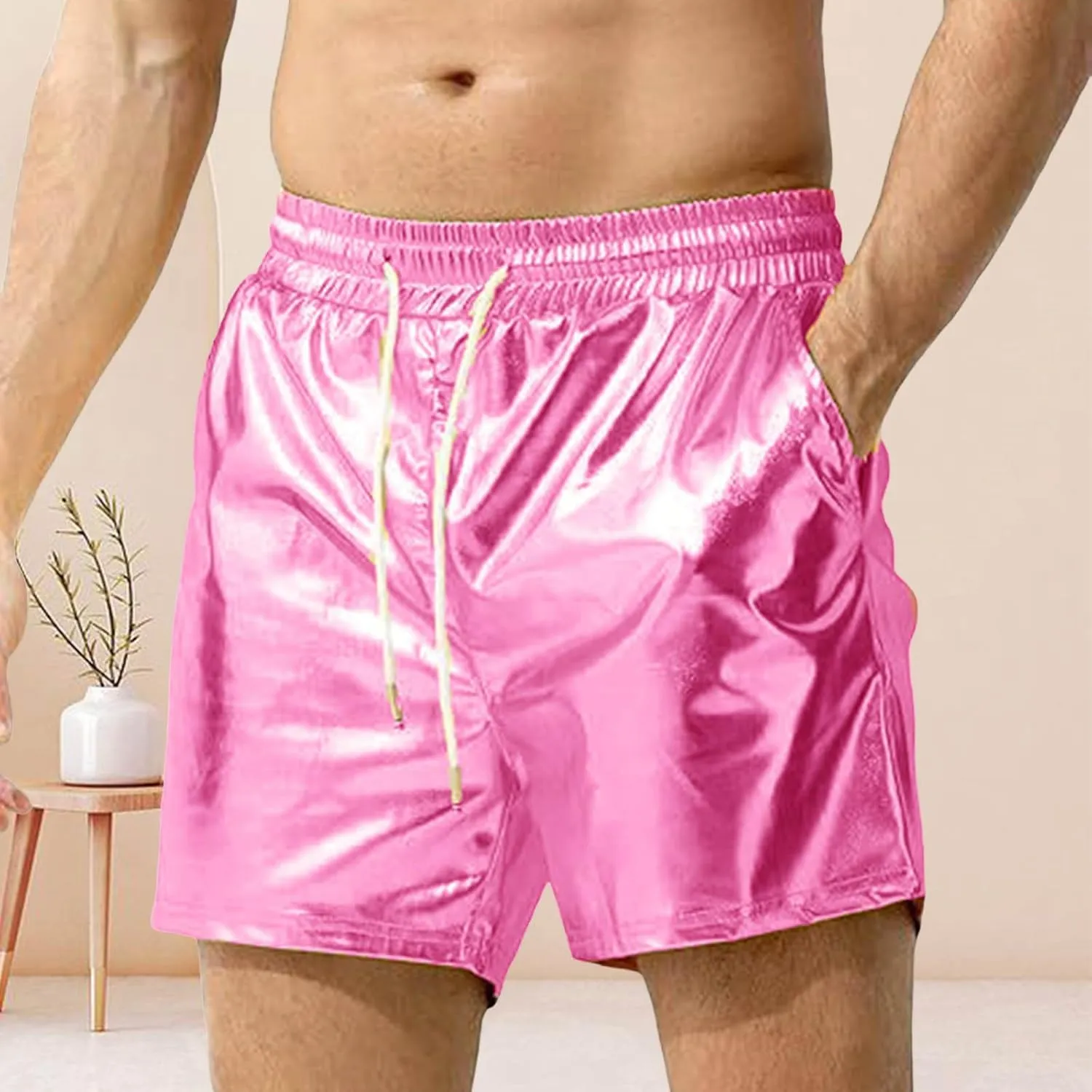 Men's Metallic Sparkly Beach Shorts Elastic Waist Shiny Drawstring Board Shorts Baggy Lightweight Comfy Swim Trunks