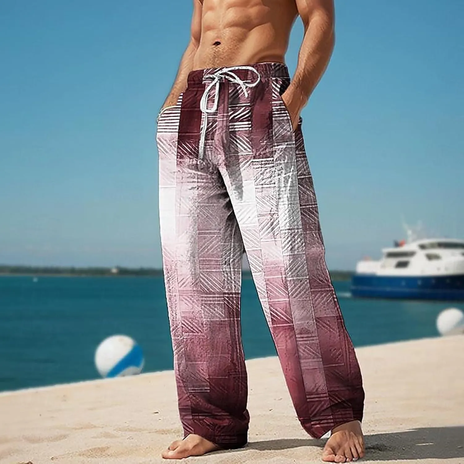 Mens Oversized Wide Leg Patchwork Long Trousers Drawstring Summer Beach Harem Pants Elastic Waist Boho Yoga Trousers