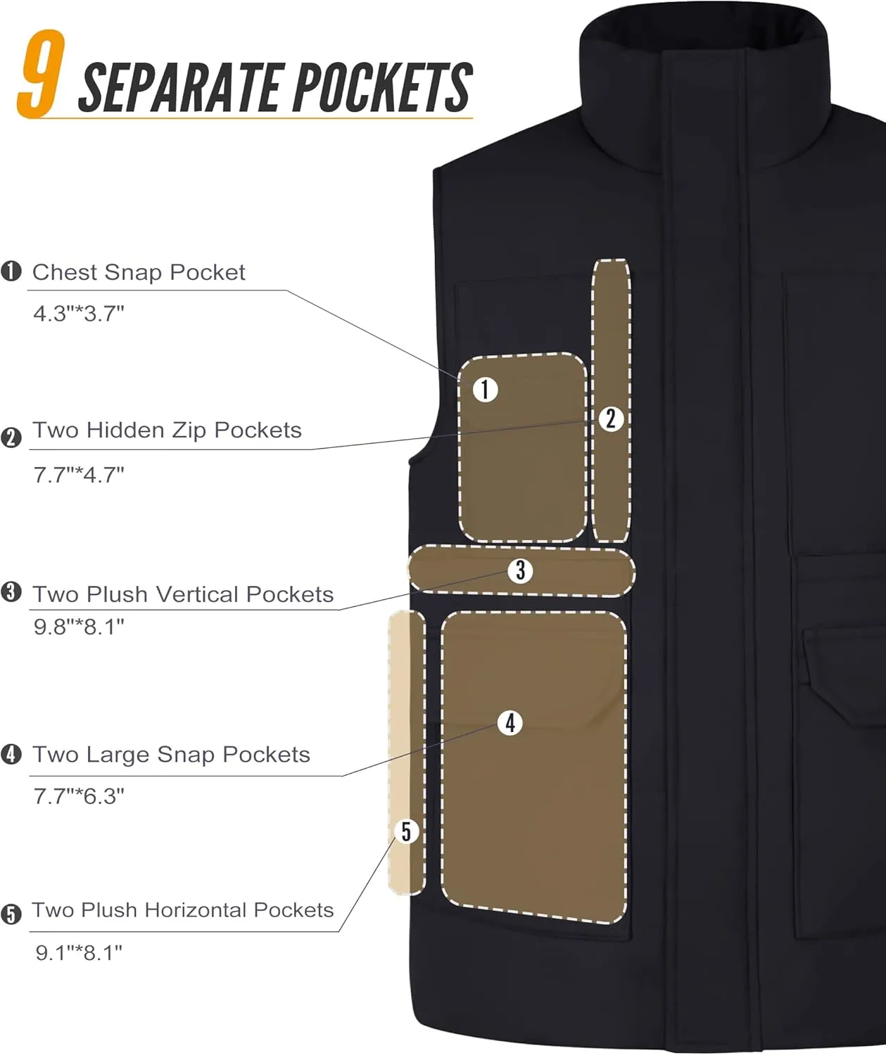 Men's Padded Puffer Vest Outdoor Water-Resistant Winter Vest for Men With 11 Cargo Pockets