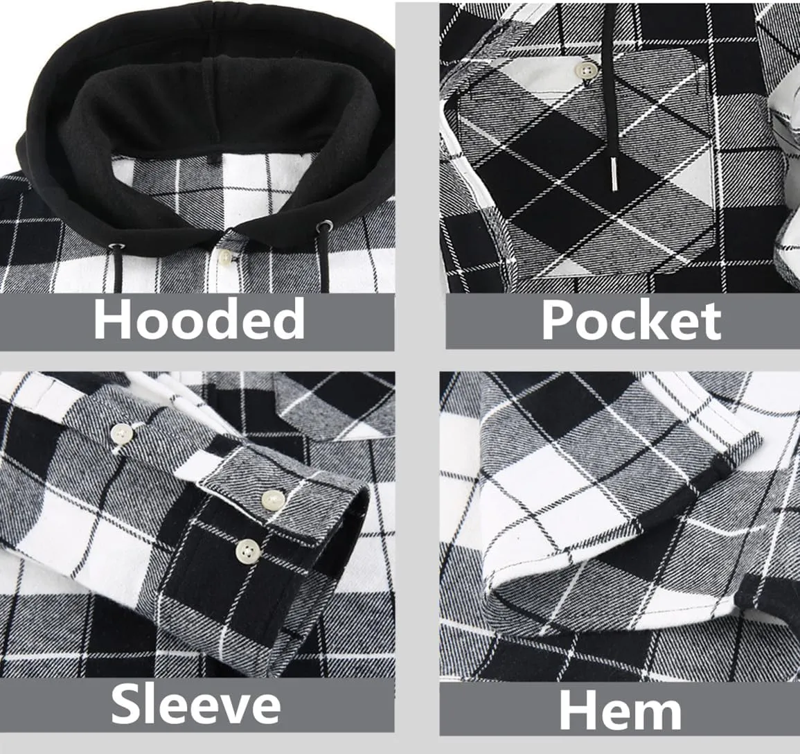 Men's Plaid Hooded Shirts Casual Long Sleeve Flannel Hoodie Shirts Jackets