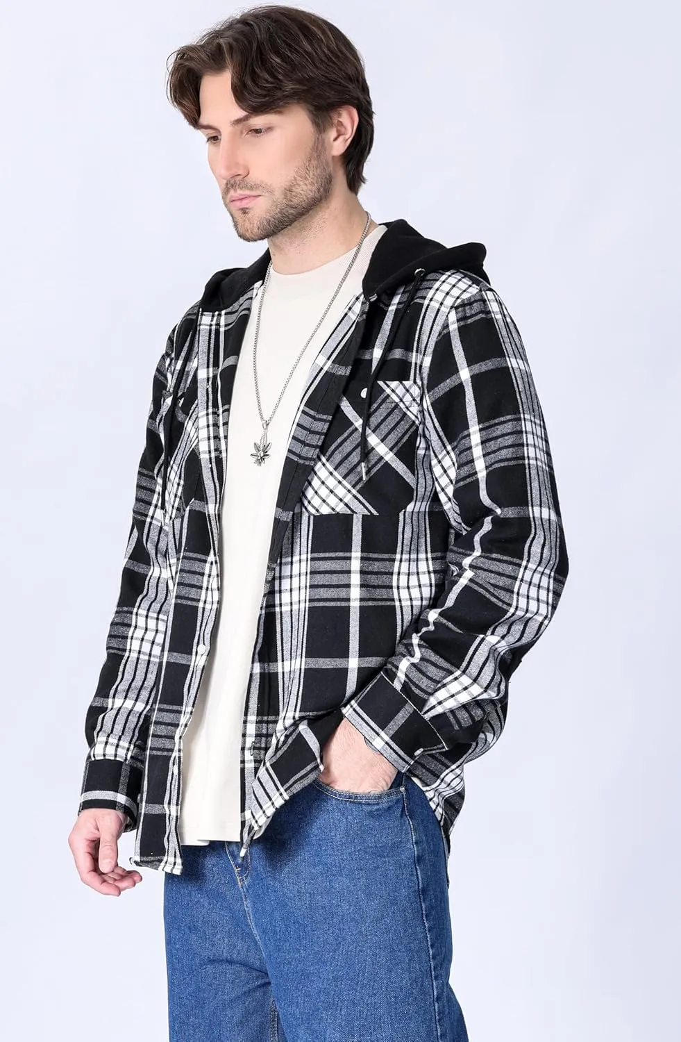 Men's Plaid Hooded Shirts Casual Long Sleeve Flannel Hoodie Shirts Jackets