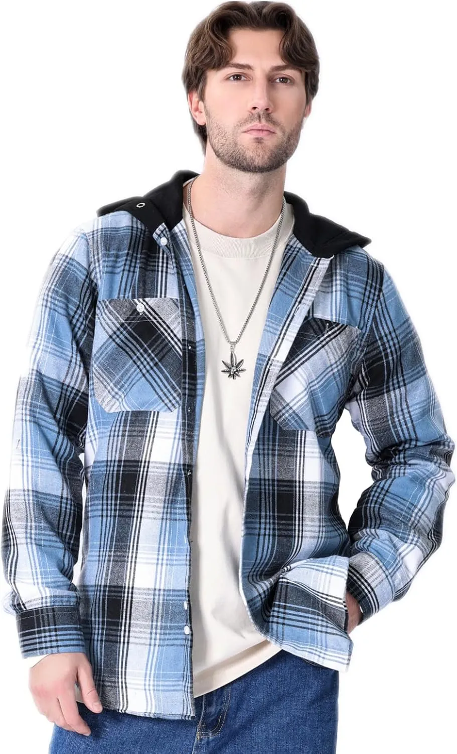 Men's Plaid Hooded Shirts Casual Long Sleeve Flannel Hoodie Shirts Jackets