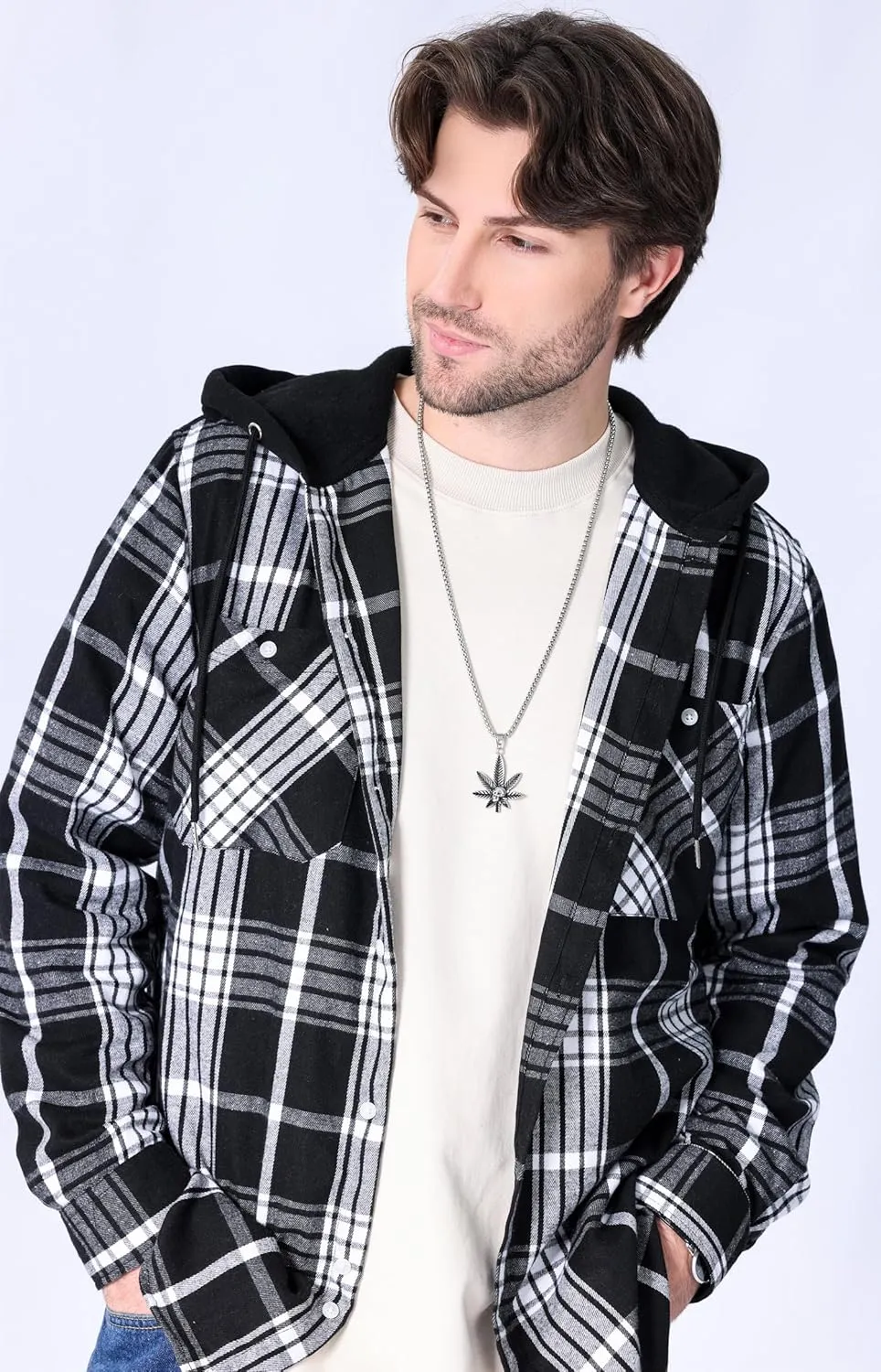 Men's Plaid Hooded Shirts Casual Long Sleeve Flannel Hoodie Shirts Jackets
