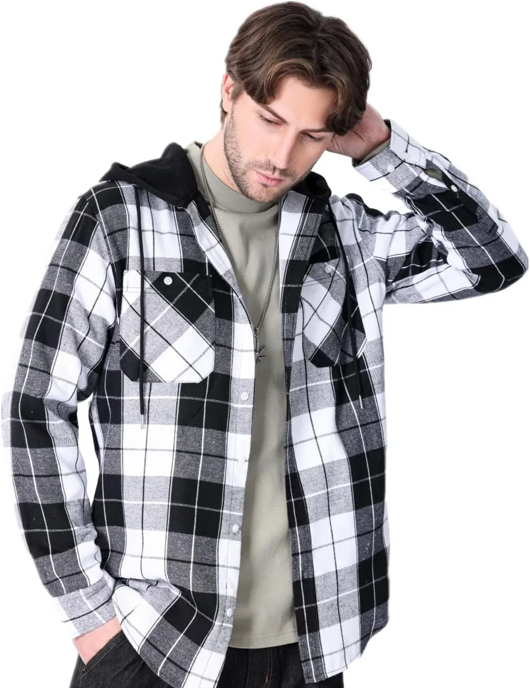 Men's Plaid Hooded Shirts Casual Long Sleeve Flannel Hoodie Shirts Jackets