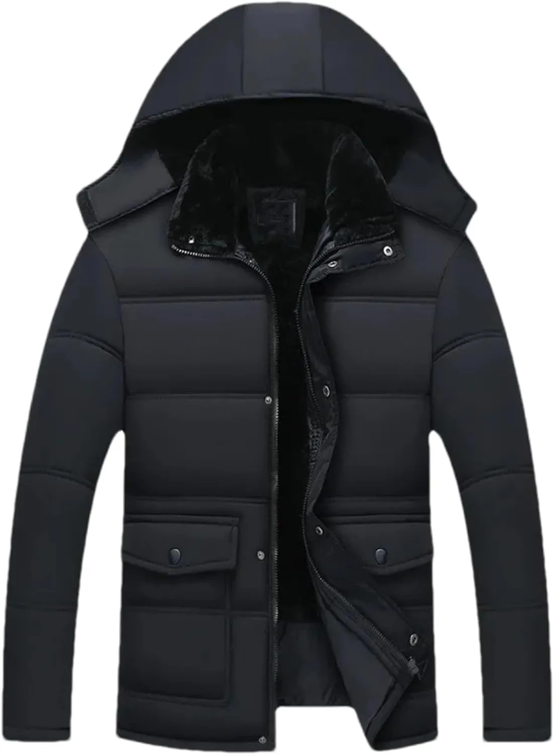 Men's Plush Hooded Stand Collar Cotton-Padded Thickening Warm Zipper Zipper Casual Parka Coat