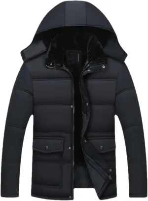 Men's Plush Hooded Stand Collar Cotton-Padded Thickening Warm Zipper Zipper Casual Parka Coat