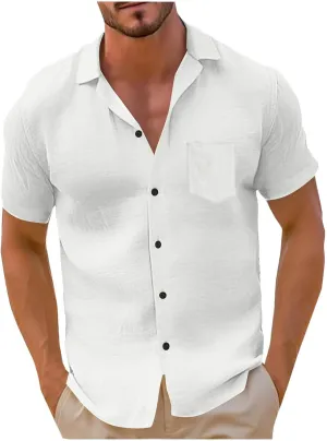 Mens Short Sleeve Dress Shirts with Pocket Cotton Linen Button Down T-Shirt Spread Collar Plain Summer Beach Tops