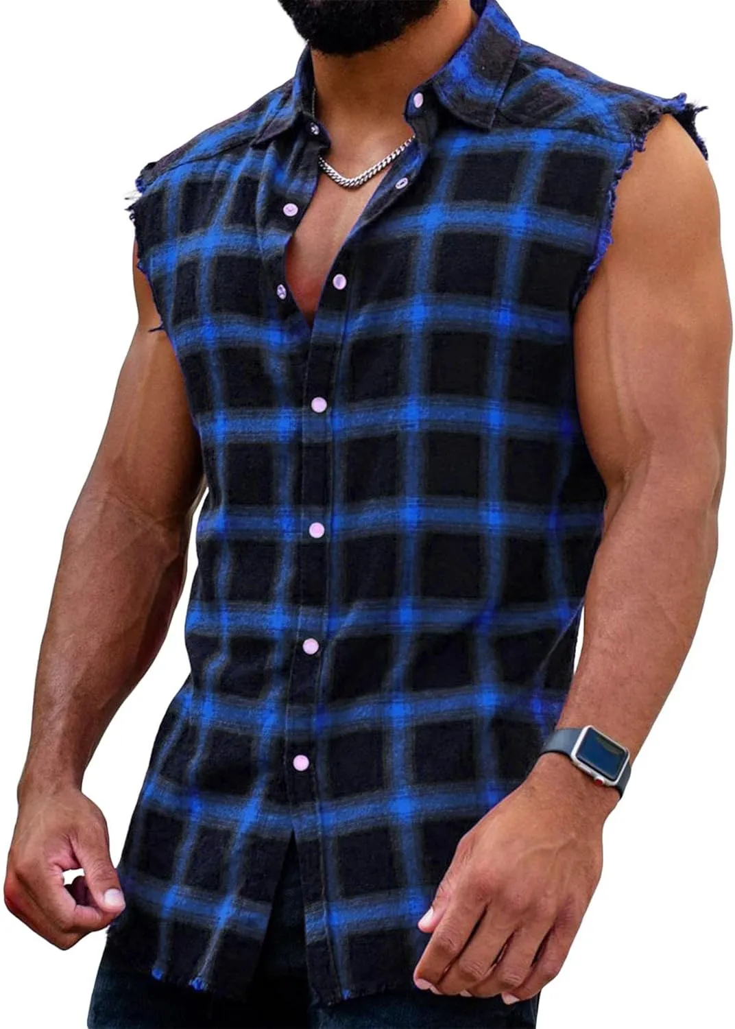 Men's Sleeveless Flannel Plaid Shirts Casual Button Down Cowboy Vest Shirts