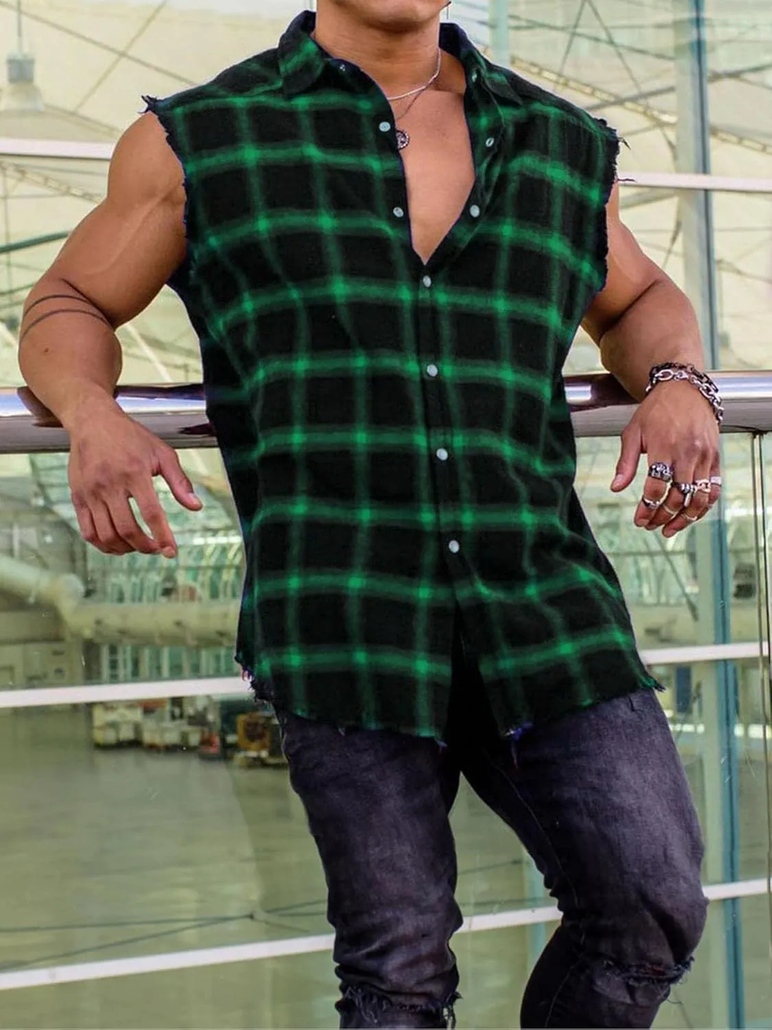 Men's Sleeveless Flannel Plaid Shirts Casual Button Down Cowboy Vest Shirts