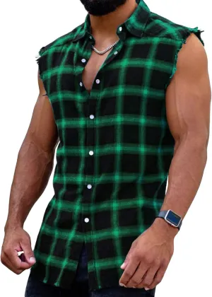 Men's Sleeveless Flannel Plaid Shirts Casual Button Down Cowboy Vest Shirts