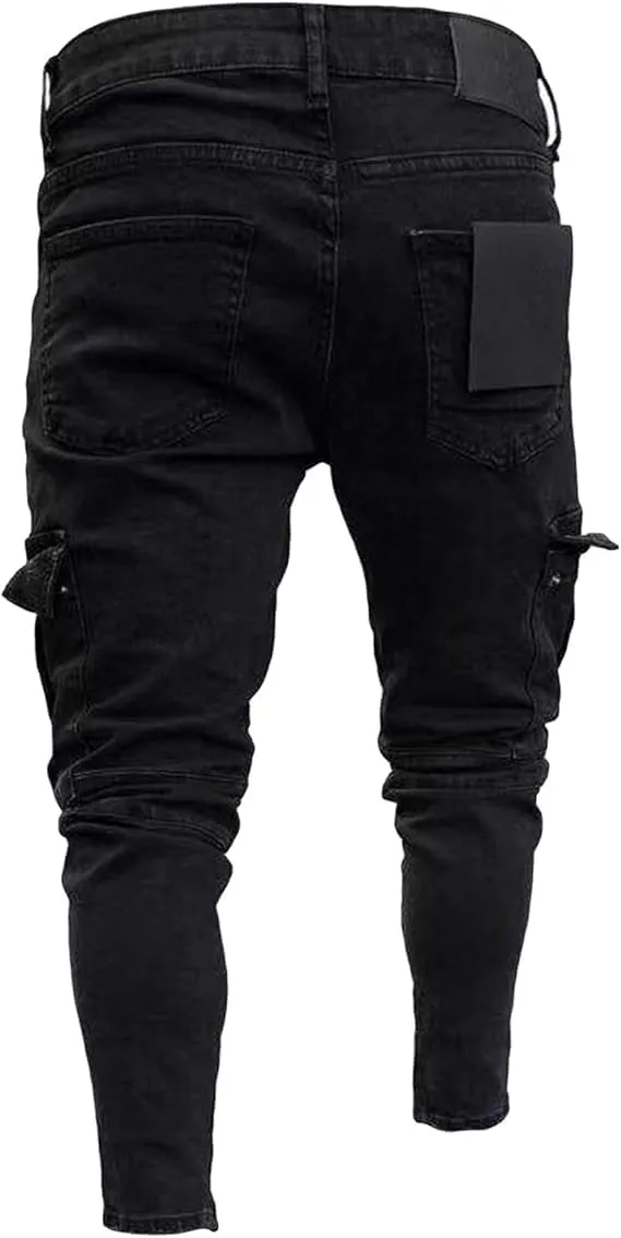 Men's Slim Fit Stretch Jeans Distressed Multi Pockets Cargo Denim Pants Fashion Ripped Skinny Jeans for Men