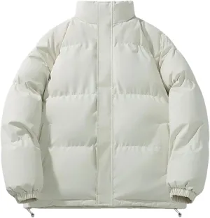 Men's Solid Color Stand Collar Cotton-Padded Casual Warm Zipper Button Parka Coat